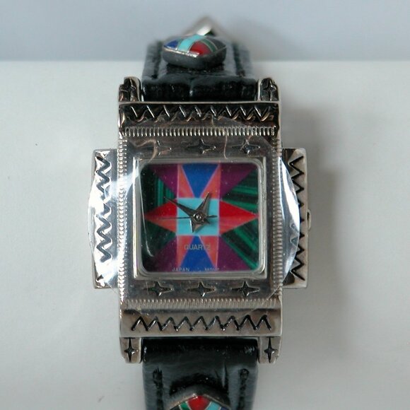 Vtg 80s 90s Watch Southwest Turquoise Inlay NOS Rainbow Timepiece - Picture 3 of 12